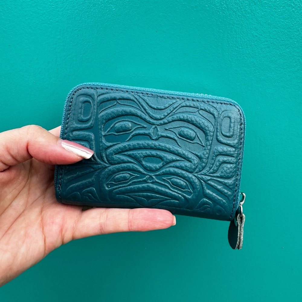 Teal Genuine leather Embossed Leather Wallet Native west coast Indigenous
